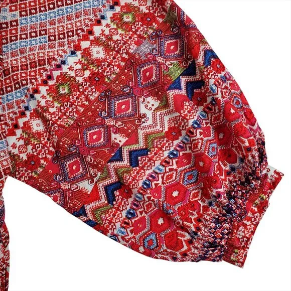 UMGEE Women Mini Dress L Red Tribal Boho 3/4 Sleeve Tassels Cotton Blend… - Picture 10 of 11